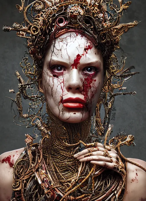 Image similar to expressive photo of sophia lauren, bumpy mottled skin full of blood and scars, ornate headpiece made from metals, cables and wires, hyper maximalist, elegant, body horror, by karol bak nd yoshitaka amano and greg rutkowski and jeremyg lipkinng and artgerm, photorealistic, fashion photography