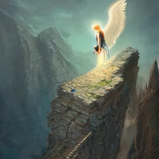 Image similar to angel protecting man falling from a cliff, detailed intricate ink illustration, happy atmosphere, detailed illustration, hd, 4k, digital art, overdetailed art, by greg rutkowski, by loish, complementing colors, Trending on artstation, movie poster style