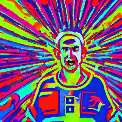 Image similar to portrait of benjamin netanyahu hallucinating on acid, psychedelic colors, sharp focus