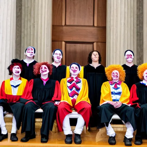 Image similar to Exactly 6 dressed as Clowns Exactly 3 in Justice Robes, sitting on the Supreme Court, 4K, Octane Render https://media.discordapp.net/attachments/1005627987435192381/1006954863948726304/supreme.jpg