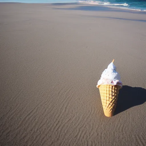 Prompt: a giant ice cream cone laying at the beach