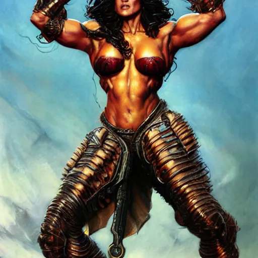 Prompt: muscular beautiful salma hayek wearing armor tombow artwork greg staples , dug stanat, norman rockwell , christophe young eytan zana , rumiko takahashi