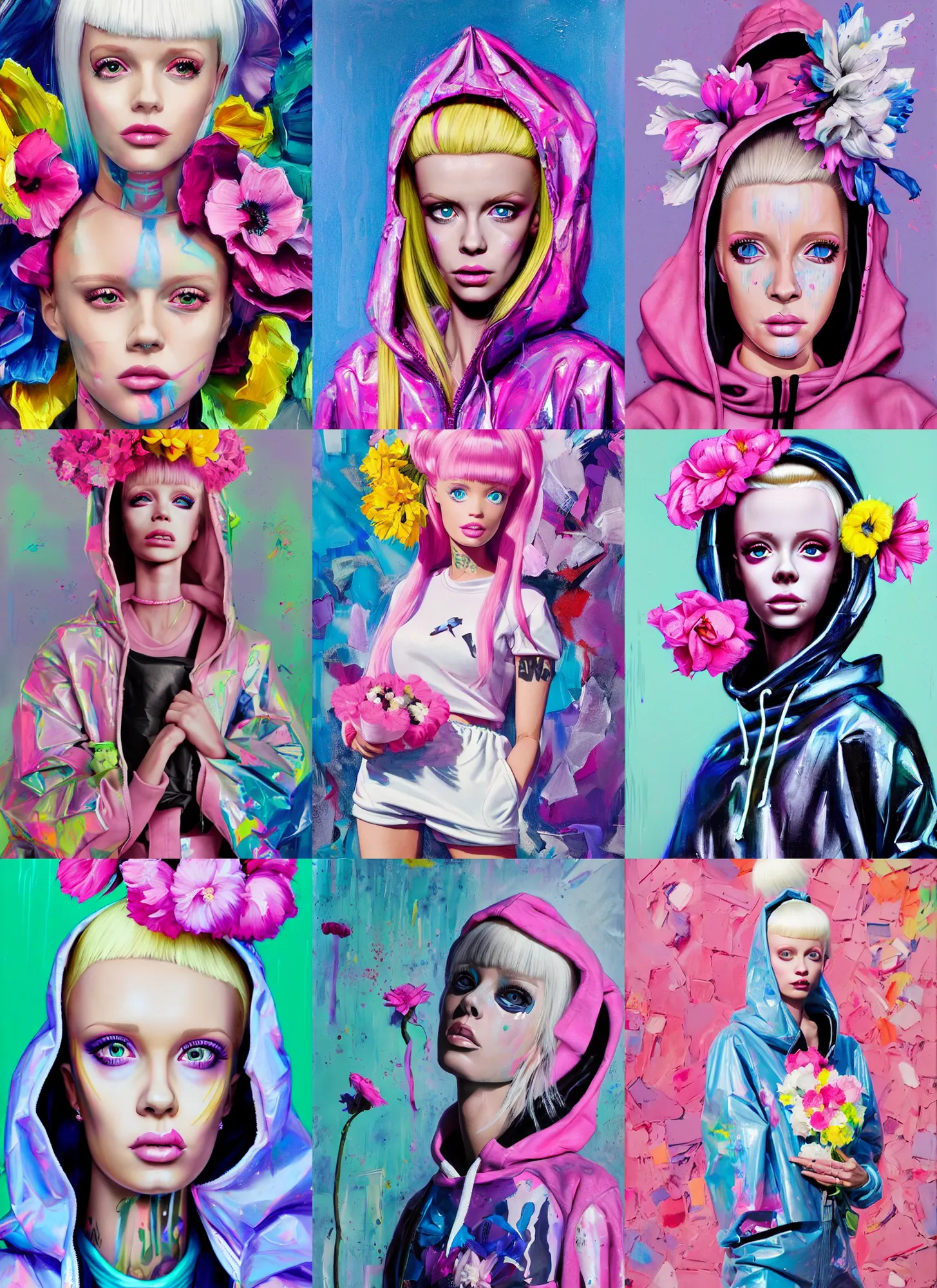Prompt: still from music video of barbie from die antwoord standing in a township street, wearing a trashbag hoodie garbage bag and flowers, street fashion, full figure portrait painting by martine johanna, ilya kuvshinov, rossdraws, pastel color palette, shiny plastic, detailed impasto brushwork, impressionistic, barbara palvin