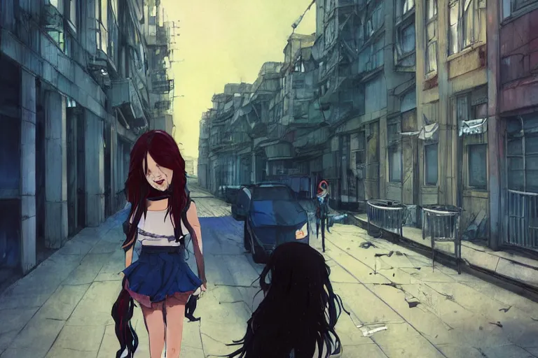 Image similar to urban school zombie girl in tattered clothes with a city street of Buenos aires in the background, dark blue long hair, muted colors, matte print, pastel colors, ornate, digital art, cute smile, digital painting, fan art, elegant, pixiv, by Ilya Kuvshinov, by Studio Ghibli