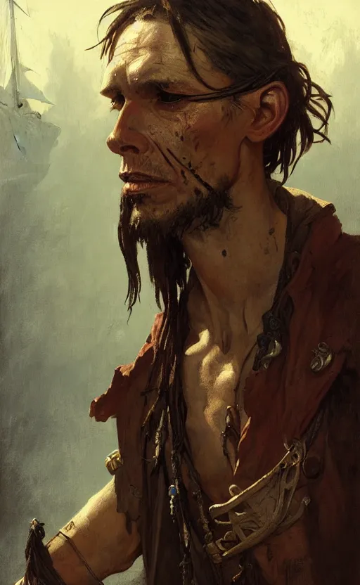 Image similar to a portrait of a male pirate, sick and skinny, dirty face, no teeth, concept art, deep focus, intricate, highly detailed, digital painting, artstation, matte, sharp focus, illustration, art by greg rutkowski and alphonse mucha