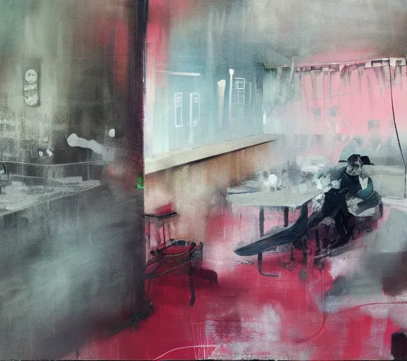 Prompt: lovers collapsed in a the cafe void, curtains, college, couches melting paint oil drips, eerie atmosphere, cinematic, painted by Francis Bacon, style of Adrian Ghenie, ultradetailed 8k, Brett Amory