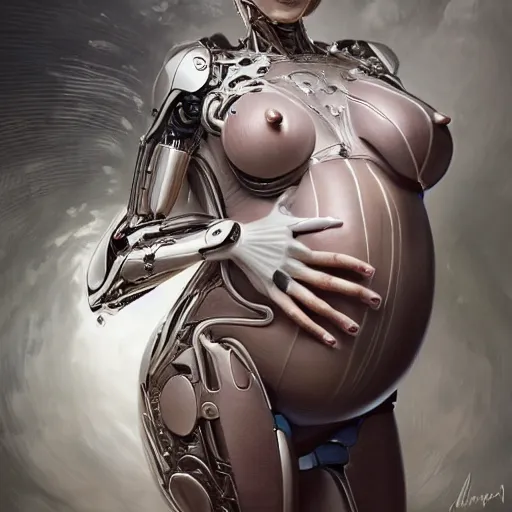 Image similar to pregnant female humanoid cyborg consisting of human parts and robot parts, 8 k, highly detailed, realistic, refined, bautiful, fine art photography, hyper realistic, in the style of greg rutkowski, by artgerm, by gustave dore, by marco turini, photorealistic, elegant, sharp focus, majestic, award winning picture, intricate, artstation,