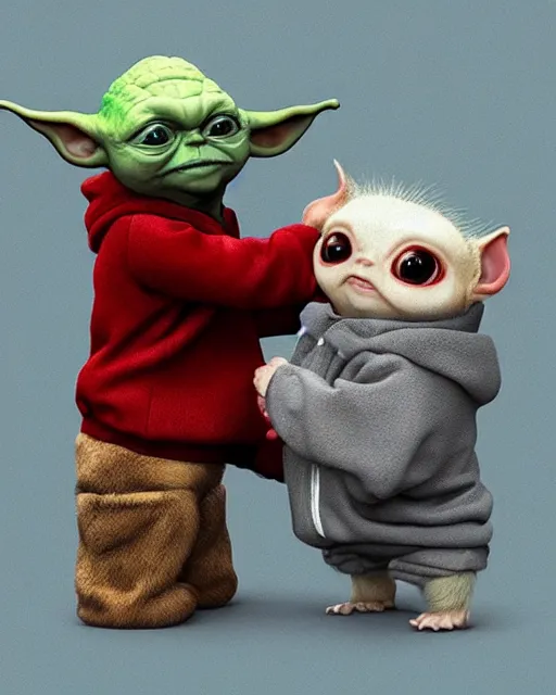 Prompt: Gizmo holding hands with his friend baby Yoda, trending on artstation, Photorealistic