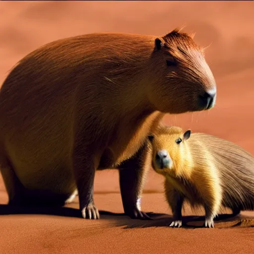 Prompt: a capybara in mars talking to a man