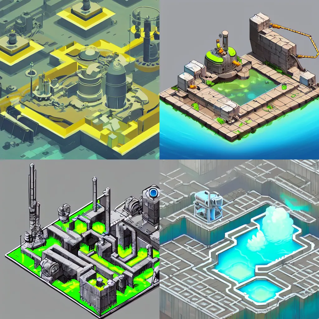 Prompt: isometric concept art of a secret pool of nuclear waste, dangerous chemical hazards, nier automata spaceship style, clean, robots