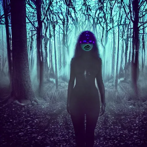 Prompt: A surrealistic and psychedelic selfie of a woman, with a spooky filter applied, in a dark and eerie forest, with glowing eyes peeking out from the shadows, in a Halloween style.