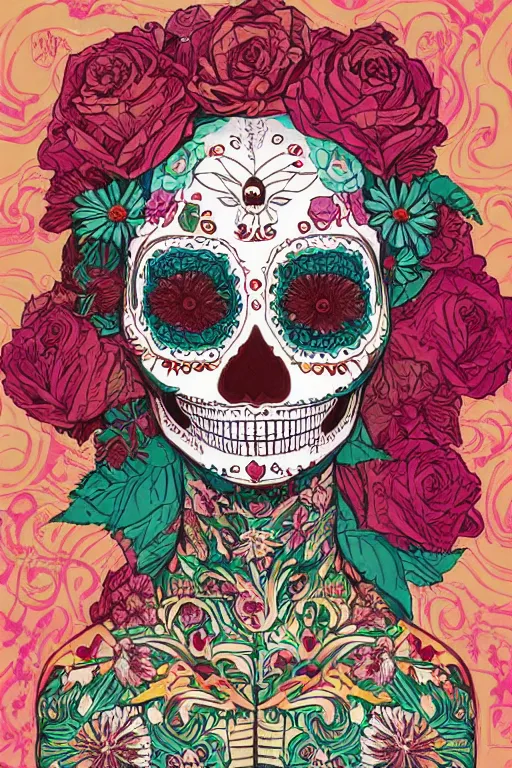 Prompt: illustration of a sugar skull day of the dead girl, art by victo ngai