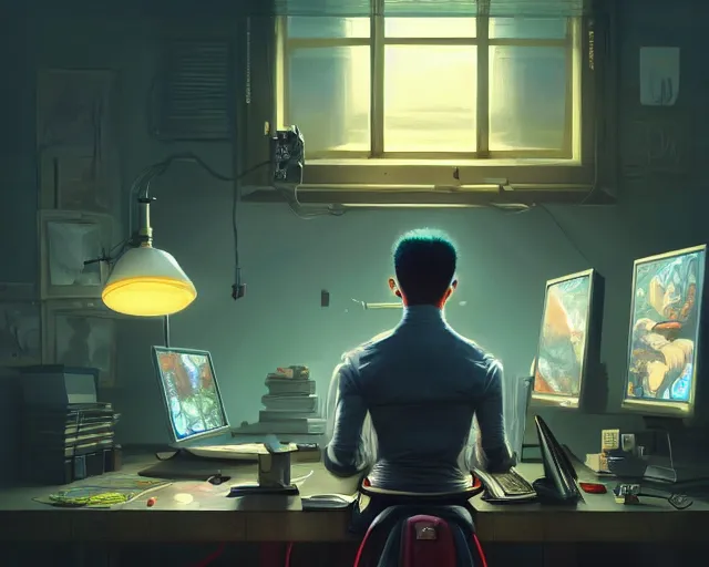 Image similar to an insanely detailed painting of a nerdy asian man wearing a superhero costume, sitting at a desk, staring at the nervously at the computer and typing, in the style of peter mohrbacher, dramatic lighting and composition, octane render, pixar, trending on artstation, concept art, comic book, view from behind