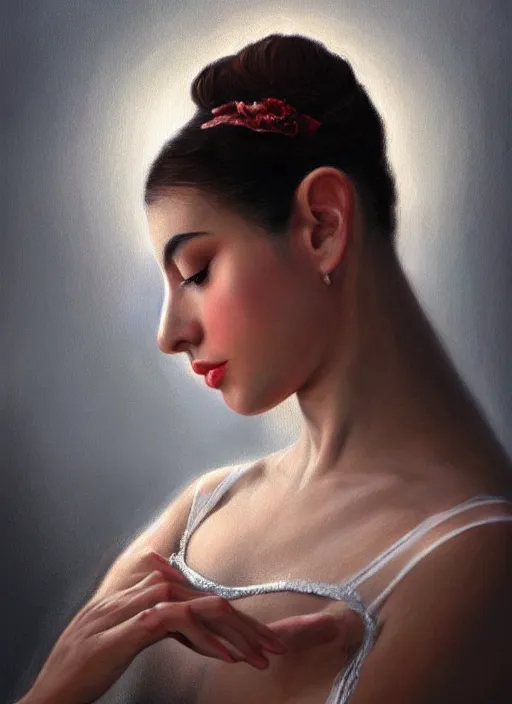 Image similar to hyperrealistic photography of a highly detailed and symmetrical gorgeous hispanic female ballerina in the style of vargas and wlop, highly detailed, face symmetry, highly realistic hands, masterpiece, award - winning, sharp focus, intricate concept art, ambient lighting, 8 k, artstation