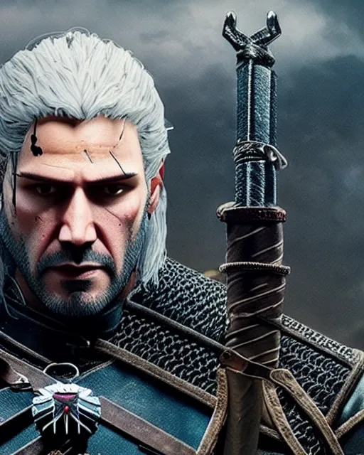 Image similar to Keanu Reevez in the role of Witcher III Gerald of Rivia, amazing short, 8K, IMAX, ultra detailed