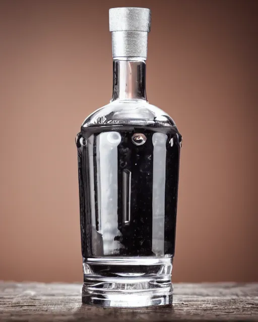 Prompt: A studio portrait a bottle of vodka, highly detailed, bokeh, 90mm, f/1.4