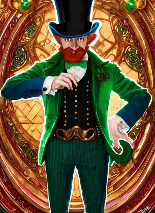 Prompt: cinematic portrait of leprechaun trickster, green tailored suit and top hat with gold buckle, bright red hair and bushy beard by artgerm, cushart krenz, greg rutkowski, mucha. art nouveau. gloomhaven, glowing lucky charms, vibrant colors, sharp edges. ultra clear detailed. 8 k. elegant, intricate, octane render