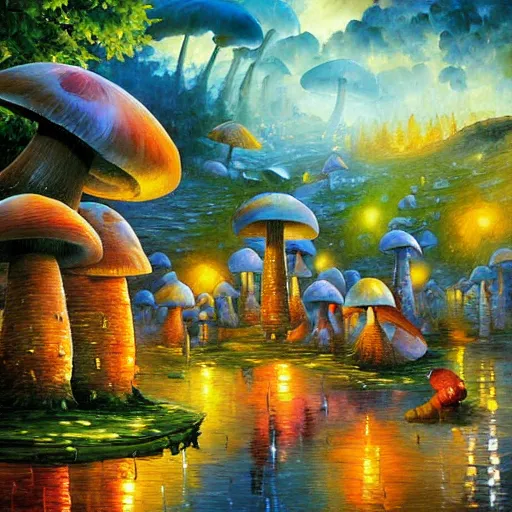 Prompt: mushroom village, art by james christensen, rob gonsalves, paul lehr, leonid afremov and tim white