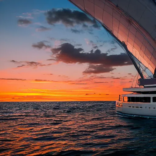 Image similar to the sydney operah house as a giant sailboat in the ocean with a beautiful sunset