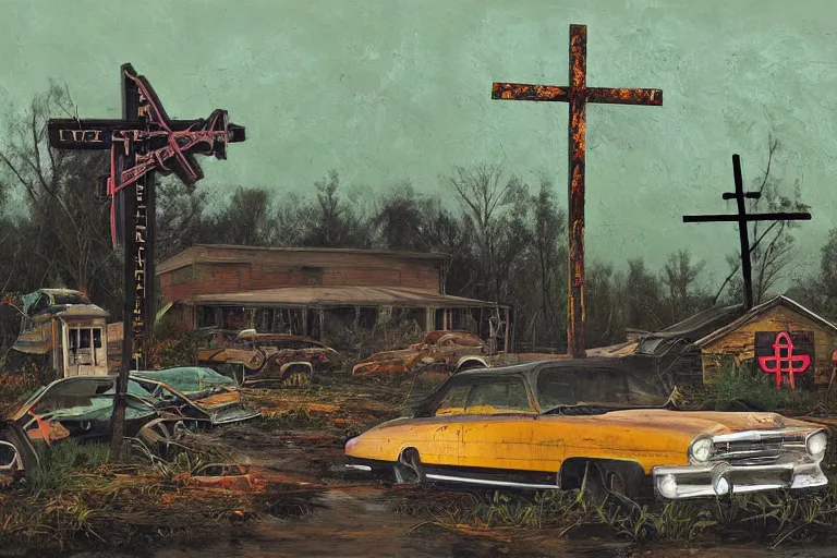 Image similar to scene fromlouisiana swamps, old protestant church with neon cross, junkyard by the road, boy scout troop, voodoo artwork by tim eitel