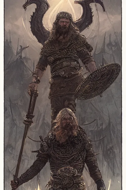 Prompt: tarot card, viking style, concept art by Greg Rutkowski and James Gurney, intricate illustration, detailed