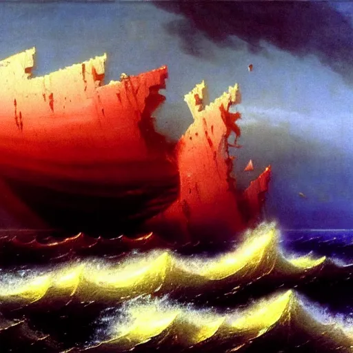 Image similar to bloody ocean, rusted iron ship sinking in red blood ocean, by Ivan Aivazovsky, junji ito, hd 8k