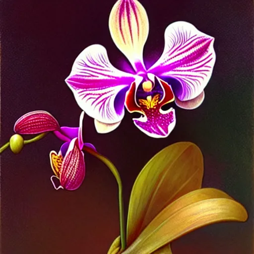 Image similar to complex abundant orchid flower, lsd, diffuse lighting, art by collier, albert aublet, krenz cushart, artem demura, alphonse mucha