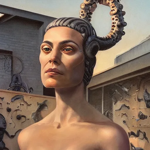 Image similar to detailed face of a woman with obsidian eyes in a biomorphic courtyard with dna sculptures at a science expo, atmospheric, ambient, pj crook, syd mead, livia prima, artgerm, greg rutkowski, nick alm, casey baugh