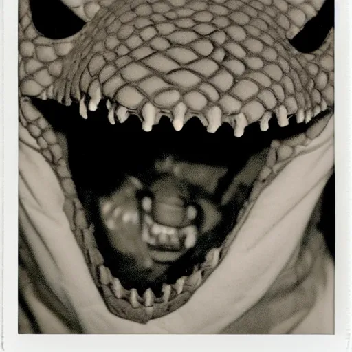 Prompt: polaroid of a screaming reptilian halloween mask