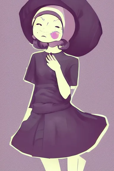 Image similar to a little girl wearing a mushroom hat in dress sitting | | purple curvy hair, pretty face, fine details, digial art by lois van baarle, anatomically correct, perfect composition, symmetrical, fantastic, clean details, anime character, extremely detailed