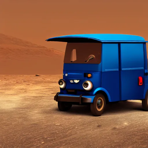 Prompt: a dark blue tuk tuk traveling on the surface of the moon, moon craters, night sky, milky way, hard lighting, matte painting, concept art, 4k