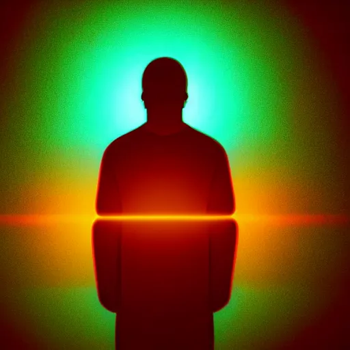 Prompt: a cinema c 4 d 3 d render of a small silhouette of a man standing in front of orange, green and cyan neon glowing vertical stripes by beeple, trending on artstation, 8 k resolution
