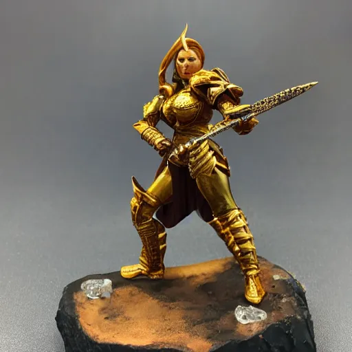 Prompt: 80mm resin detailed miniature of a heavily armored woman, fantasy, Product Introduction, golden armor, wielding a flaming warhammer, 4K