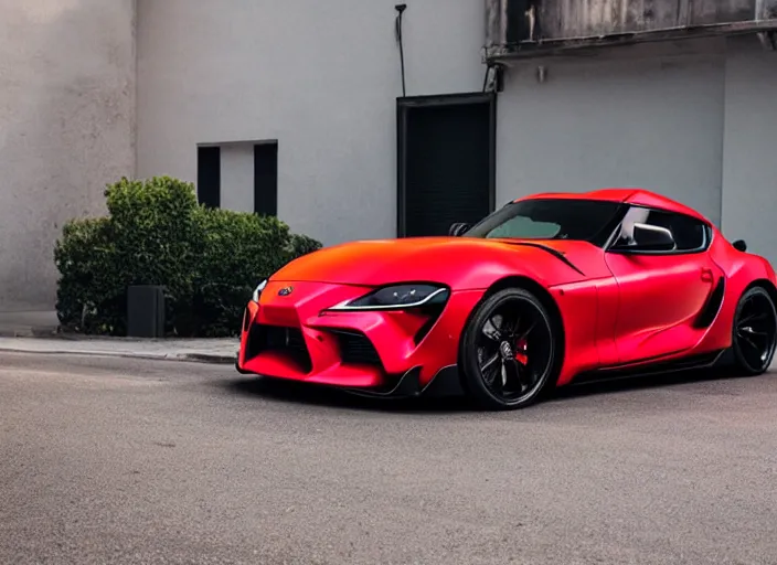 Image similar to Cannon photo of red Toyota supra made in 2022 front sideview parked on street