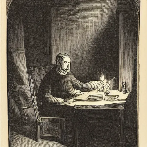 Image similar to A man sits in a dark and dingy room, the only light coming from a flickering candle, as he writes in a journal by the light of the flames, in a gothic and atmospheric style.