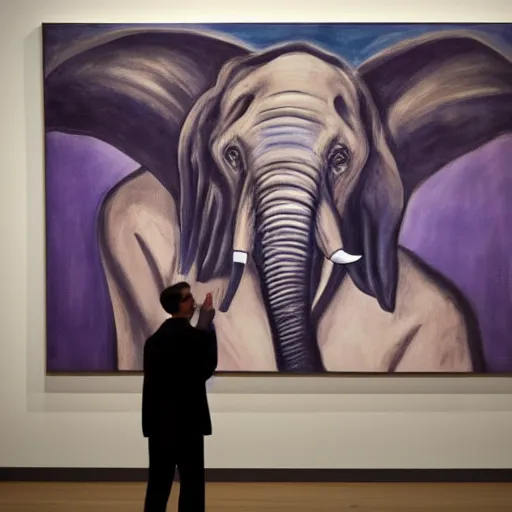 Image similar to in an art gallery, there is a huge painting of an elephant by marlene dumas. a man in a top hat and a suit is looking up at the painting. cgsociety, surrealism, surrealist, dystopian art, purple color scheme