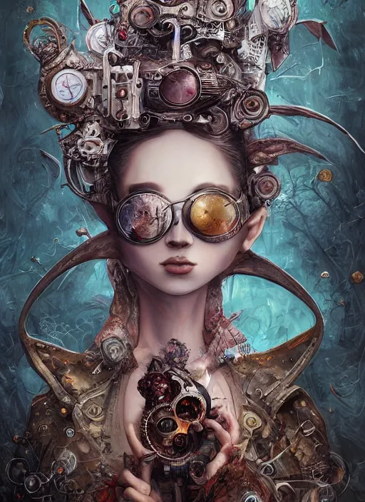 Image similar to white rabbit, steampunk googles, highly detailed, cinematic, 8 k, by megan duncanson, benjamin lacombe, adrian borda, stanley artgermm, tom bagshaw, craig mullins, carne griffiths, ayami kojima, beksinski, giger, trending on deviantart, hyper detailed, horror, full of colour