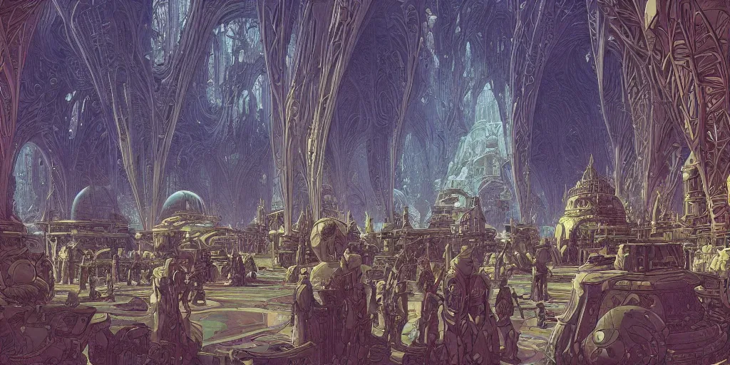 Image similar to matte illustration, cinematic shot of the interior of a scifi space station with ornate elven architecture bustling with people by jean giraud moebius, crystalline, emerald, highly detailed matte illustration by moebius, clean lines, sharp focus, intricate, elegant
