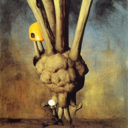 Image similar to man fungal ears Mushroom Cretin the Hermit camouflaged as a toadstool wearing a black shirt odd nerdrum robert rauschenberg nelson shanks giorgio de chirico