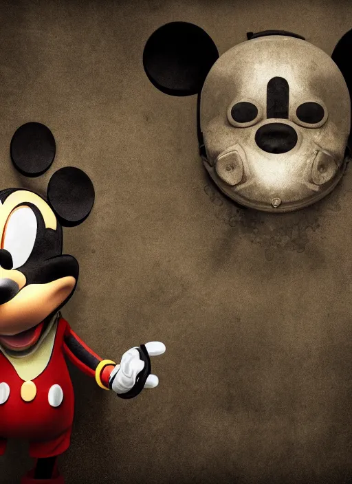 Image similar to mickey mouse, gas mask, fractal, leathery, wet, broken, melting, rococo, mycelium, baroque, sumerian, radiant alien, magic kingdom, octane render, high detail