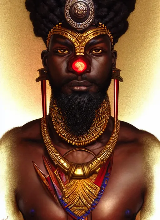 Image similar to angry orisha warrior god ogun, bronze skin tone stong and masculine, bushy beard, glowing red eyes, volumetric lights, mauve and gold scheme, tribal, intricate, highly detailed, digital painting, artstation, concept art, smooth, sharp focus, illustration, kemetic symbolism, art by artgerm and greg rutkowski and alphonse mucha