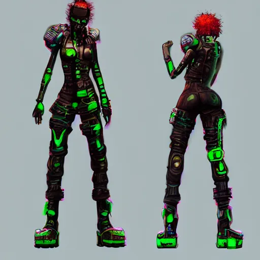 Prompt: cyberpunk fashion, character design humanoid, borderlands 3 style, profile portrait, cyberpunk street goon, concept art character modeling,, with body made of green lava and fire, marvelous designer, z brush, maya, digital 3 d, 4 k, epic size, epic scale, ultra detailed digital art, furry art, macro art, furaffinity, deviantart, realistic