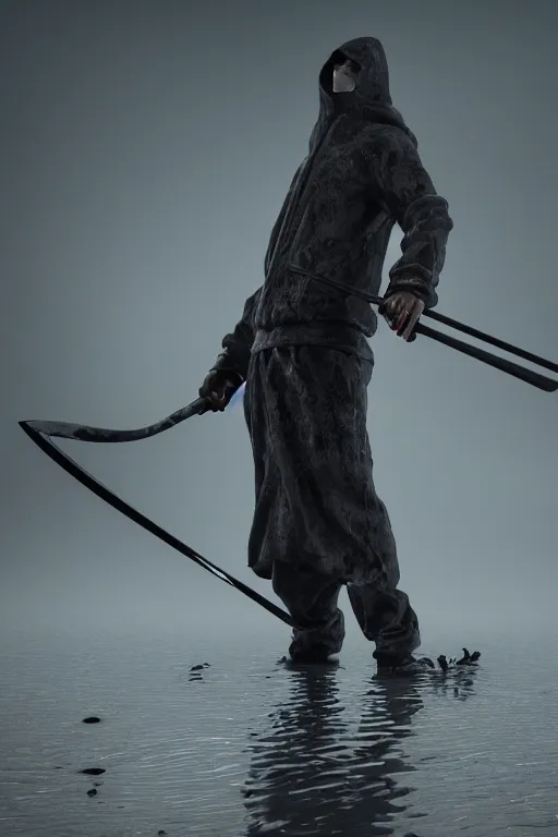 Prompt: a man in a dark hood wieling a scythe with blood on it stand by a lake full of dead bodies, intricate details, by greg rutowski, 8 k, octane render, high resolution