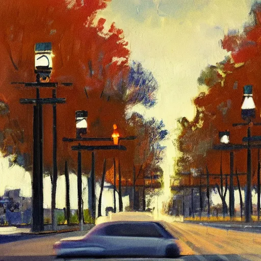 Prompt: boulevard, median with trees, uptown neighborhood, liminal space, traffic lights, blue hour