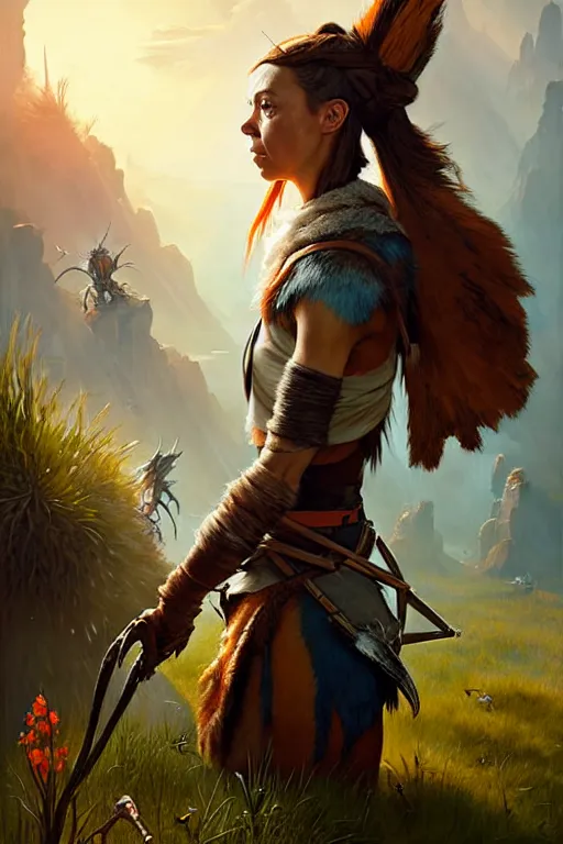 Image similar to hieronymus bosch, greg rutkowski, anna podedworna, painting of aubrey plaza as aloy from horizon : zero dawn