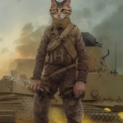 Image similar to Portrait face fuzzy ears furry ripped physique kitty cat general camouflaged as a kitty cat man wearing a military officer uniform standing atop a panzer tank charlie bowater elina brotherus greg rutkowski Dan Witz norman rockwell victo ngai