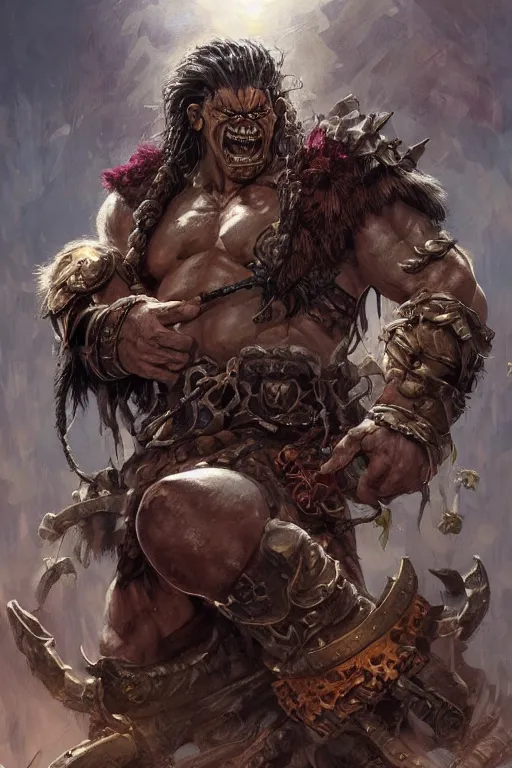 Image similar to portrait of a hulking herculean orc demon barbarian pirate, male, masculine, upper body, belt of skulls, fantasy, frown,, intricate, elegant, highly detailed, digital painting, artstation, concept art, sharp focus, illustration, art by artgerm and greg rutkowski and alphonse mucha