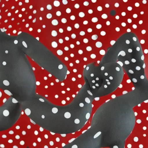 Image similar to a claymation scissors creature that is inviting and friendly, aleksandr deyneka's depiction of the concept of arrest, red polka dot disease on black marble palace