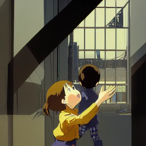 Prompt: woman with child by yoh yoshinari, makoto shinkai, dynamic composition, dynamic perspective woman with child by yoh yoshinari, makoto shinkai, dynamic composition, dynamic perspective, cel shaded