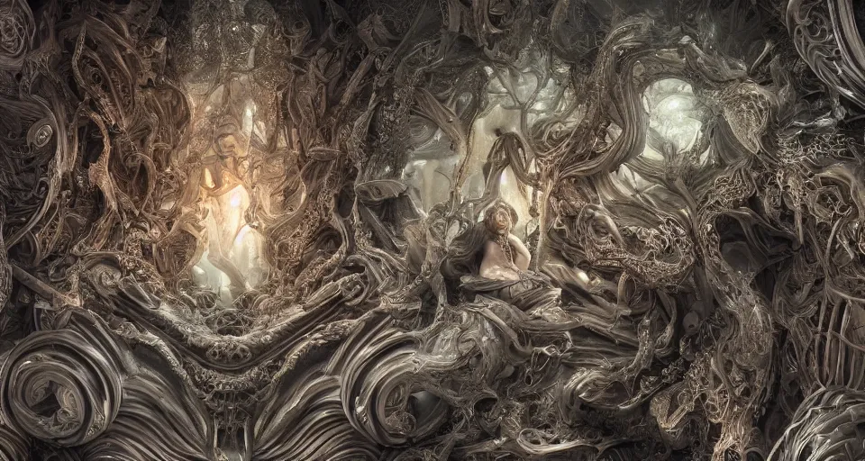 Image similar to vanishment of the gods, cinematic, end of an era, chaos, digital art. ornate, intericate, fractal patterns, ethereal, cinematic, artstation, hyper detailed, weta digital, ray trace, 3 d sculpture, beautifully lit, glow, soft light, photorealistic, ghost, symmetric, masterpiece, realistic, highly detailed
